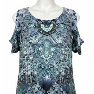 World Unity Top Women Size S Blue Green Paisley Boho Hippie Fairy Grunge Y2K